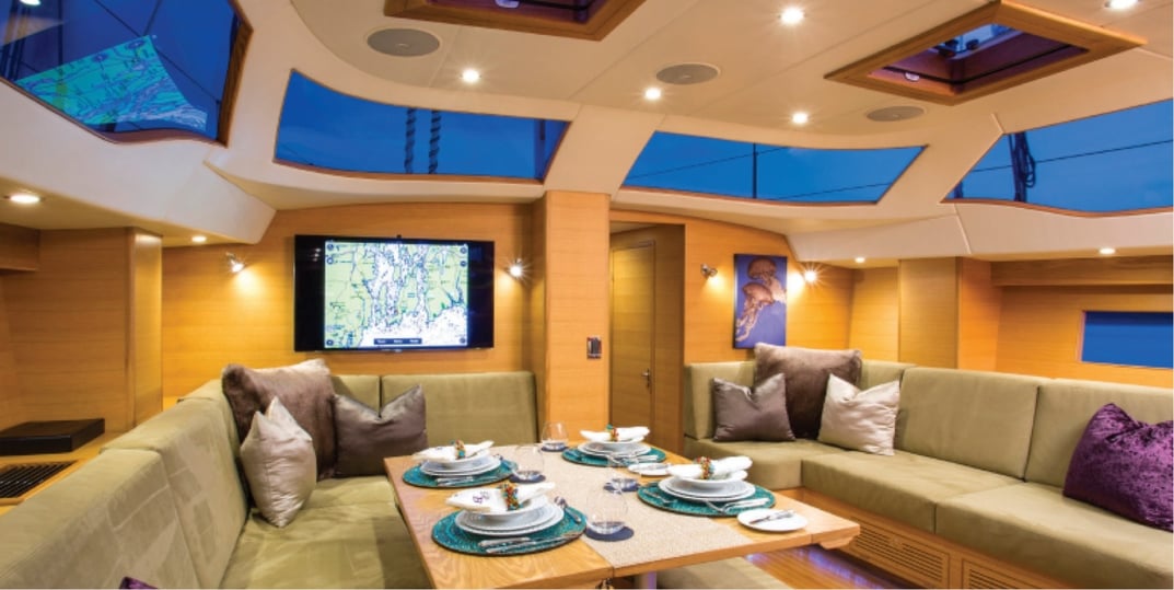 Lightened salon area in a boat