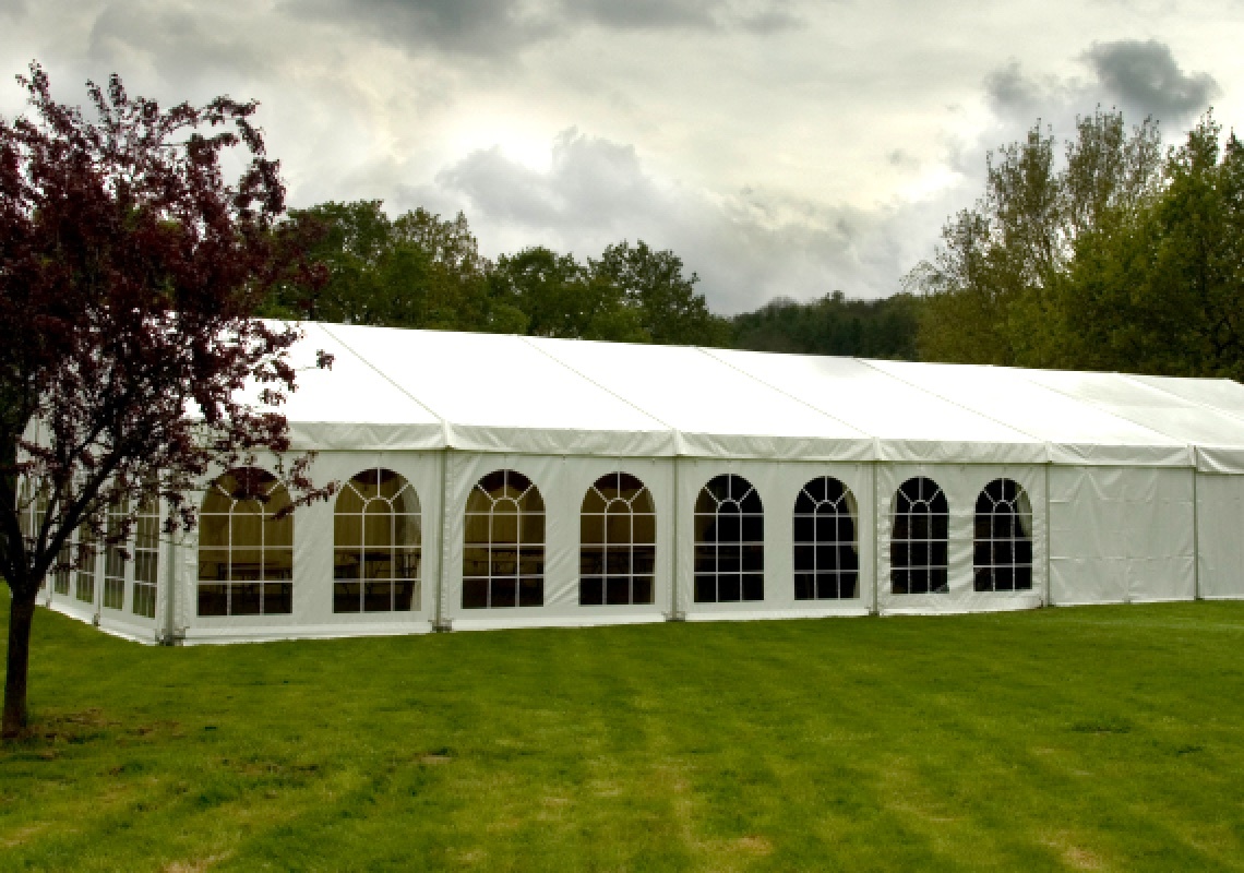 Party tent using Herculite's industry leading tear resistant tent fabric